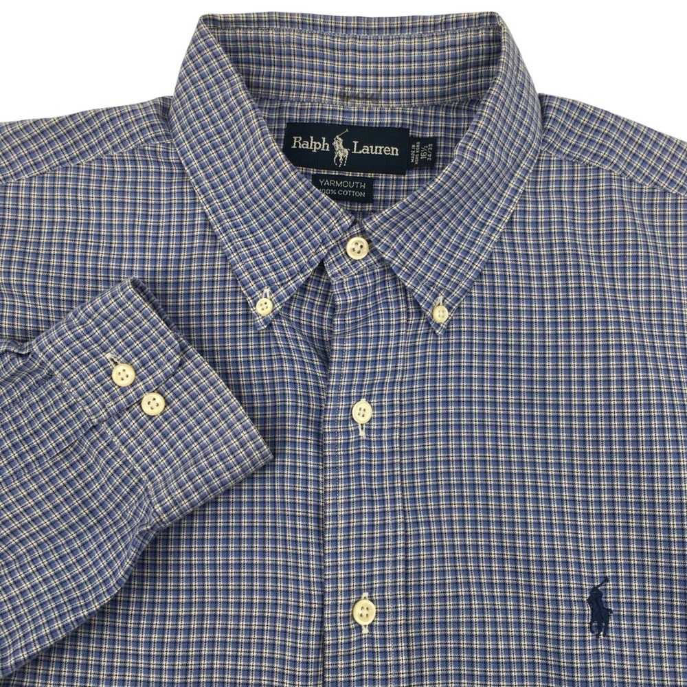 Ralph Lauren Shirt Mens Button Down 16.5 34/35 Navy Check Yarmouth Casual‎ LS